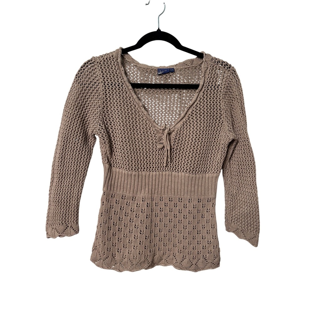 Y2K BUM Equipment Tan Crochet Knit V-Neck Tie Sweater Pointelle Scallop Medium